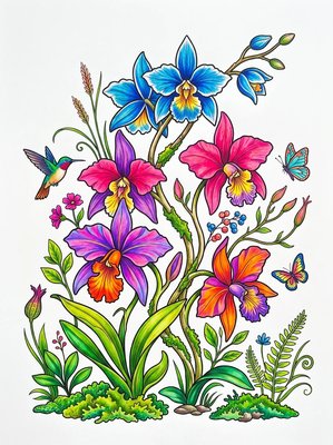 Finished example of the Color by Number page: Andean Orchids