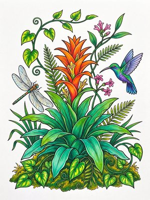Finished example of the Color by Number page: Scarlet Bromeliads