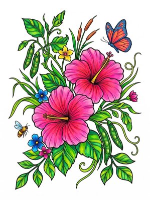 Finished example of the Color by Number page: Hibiscus Dreams