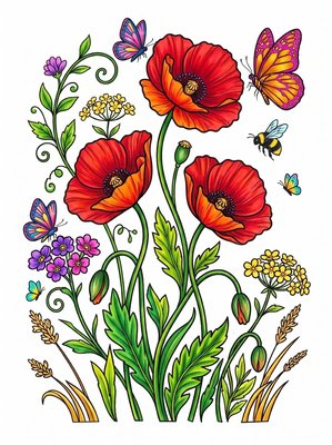 Finished example of the Color by Number page: Himalayan Poppies