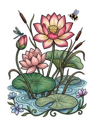Finished example of the Color by Number page: Lotus Waters