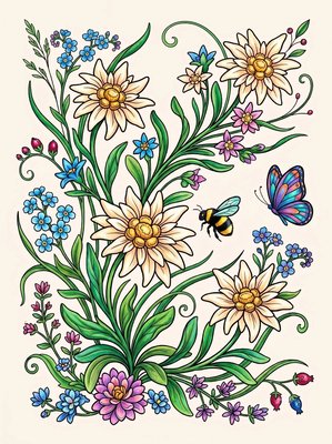 Finished example of the Color by Number page: Alpine Edelweiss
