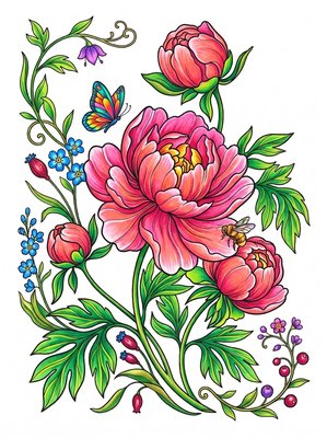 Finished example of the Color by Number page: Wild Peonies