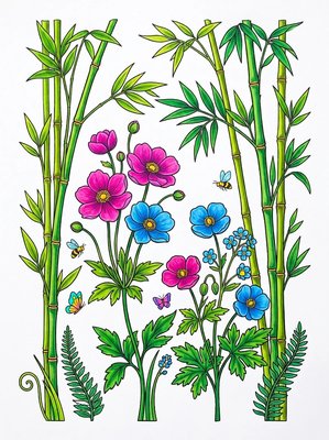 Finished example of the Color by Number page: Bamboo Blossoms