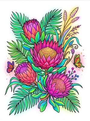 Finished example of the Color by Number page: King Protea