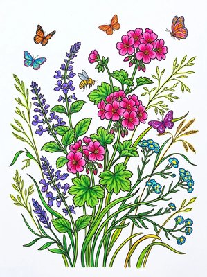 Finished example of the Color by Number page: Savanna Flowers