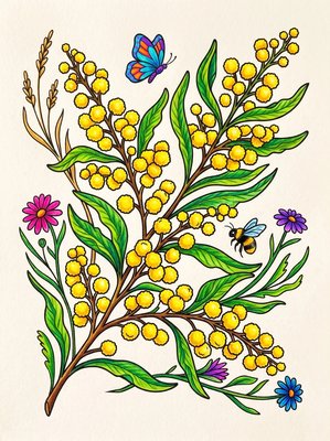 Finished example of the Color by Number page: Golden Wattle