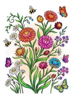 Finished example of the Color by Number page: Everlasting Blooms