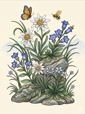 Finished example of the Color by Number page: Alpine Blossoms