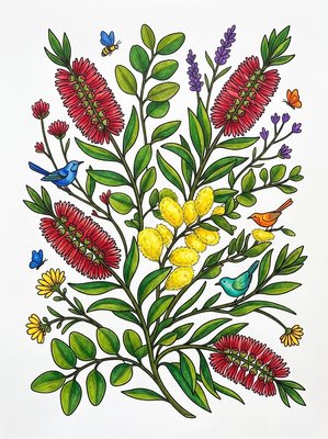Finished example of the Color by Number page: Bottlebrush Garden