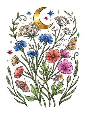 Finished example of the Color by Number page: Moonlit Meadow