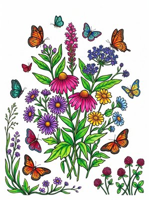 Finished example of the Color by Number page: Butterfly Garden