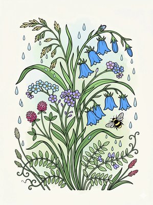 Finished example of the Color by Number page: Rainy Blossoms