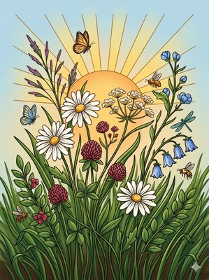Finished example of the Color by Number page: Sunrise Meadow