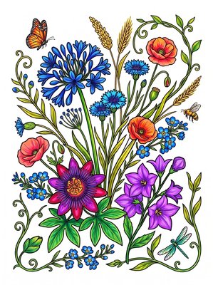 Finished example of the Color by Number page: Floral Harmony
