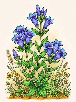 Finished example of the Color by Number page: Blue Gentians