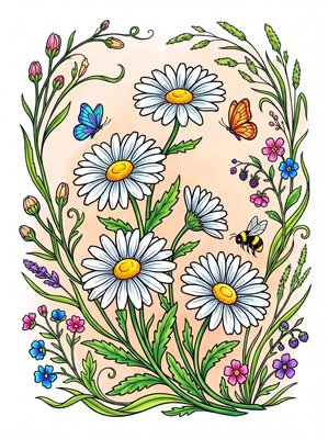 Finished example of the Color by Number page: Daisy Fields