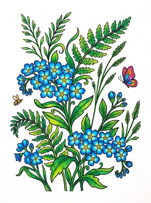 Finished example of the Color by Number page: Forget-Me-Nots