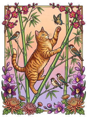 Finished example of the Color by Number page: Bamboo Climb