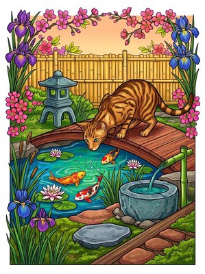 Finished example of the Color by Number page: Koi Bridge