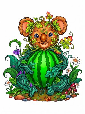Finished example of the Color by Number page: Watermelon Koala