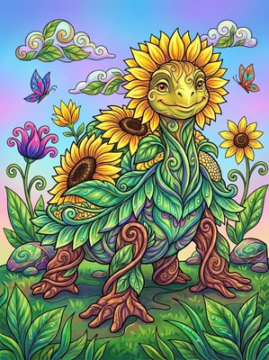 Finished example of the Color by Number page: Sunflower Turtle