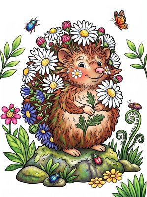 Finished example of the Color by Number page: Chamomile Hedgehog