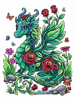 Finished example of the Color by Number page: Dragon Rose