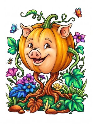 Finished example of the Color by Number page: Pumpkin Pig