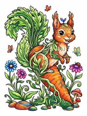 Finished example of the Color by Number page: Carrot Squirrel
