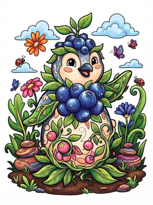 Finished example of the Color by Number page: Blueberry Penguin