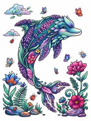 Finished example of the Color by Number page: Lavender Dolphin