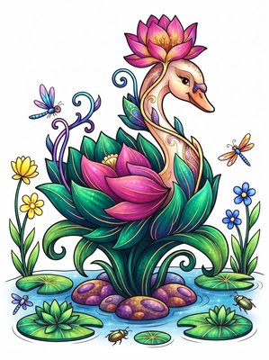 Finished example of the Color by Number page: Lotus Swan