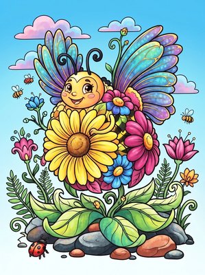 Finished example of the Color by Number page: Daisy Ladybug