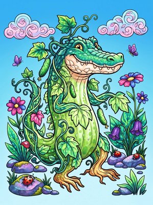 Finished example of the Color by Number page: Cucumber Crocodile