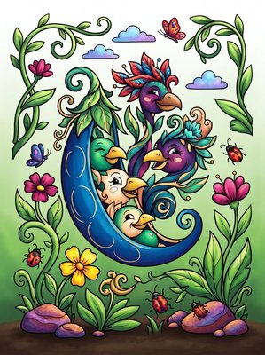 Finished example of the Color by Number page: Pea Birds