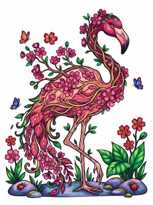 Finished example of the Color by Number page: Blossom Flamingo