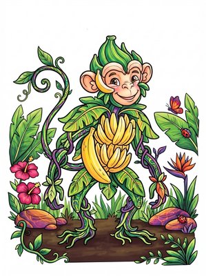 Finished example of the Color by Number page: Banana Monkey