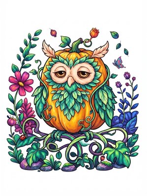 Finished example of the Color by Number page: Pumpkin Owl
