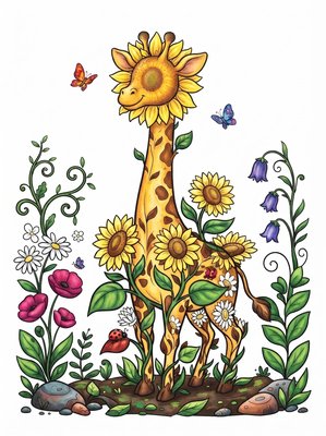 Finished example of the Color by Number page: Sunflower Giraffe