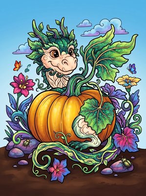 Finished example of the Color by Number page: Pumpkin Dragon