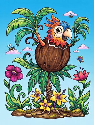 Finished example of the Color by Number page: Coconut Parrot