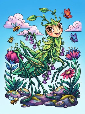 Finished example of the Color by Number page: Mint Grasshopper