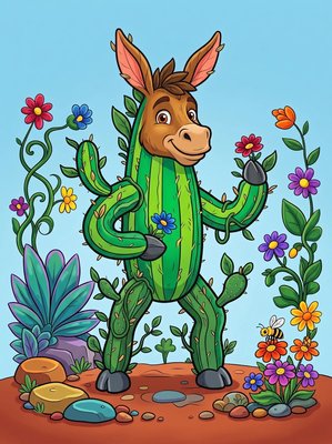 Finished example of the Color by Number page: Cactus Donkey
