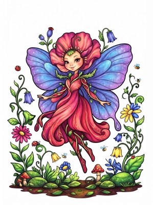 Finished example of the Color by Number page: Poppy Butterfly