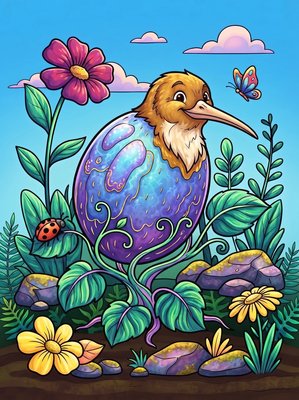 Finished example of the Color by Number page: Kiwi Bird