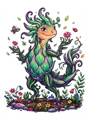 Finished example of the Color by Number page: Dragonfruit Lizard