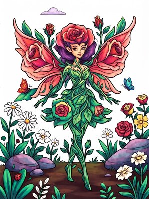 Finished example of the Color by Number page: Rose Fairy