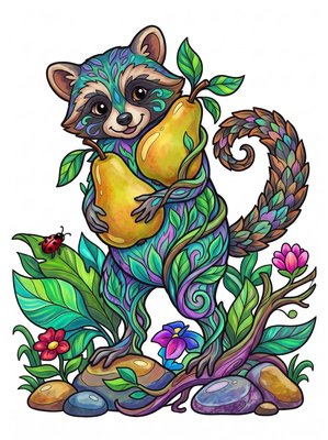 Finished example of the Color by Number page: Pear Raccoon