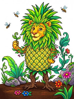 Finished example of the Color by Number page: Pineapple Lion
